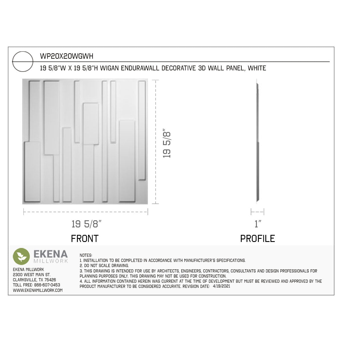 Wigan EnduraWall 3D Wall Panels - 19.625x19.625 Inch PVC Decorative Panels, 2.67 Sq Ft Each