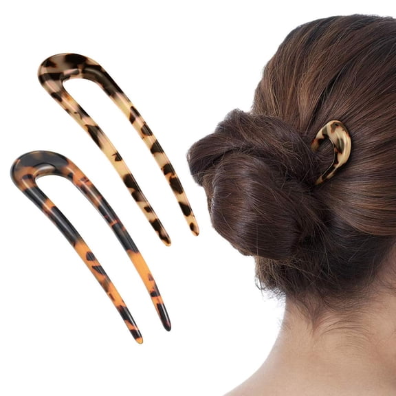 BZCOE 2 Pack French Style Cellulose Acetate Tortoise Shell U Shaped 4.7 Inch Hair Pins Fork 2 Prong Updo Chignon Pin for Women Girls Hairstyle Accessories(Tortoiseshell and White Tortoiseshell)
