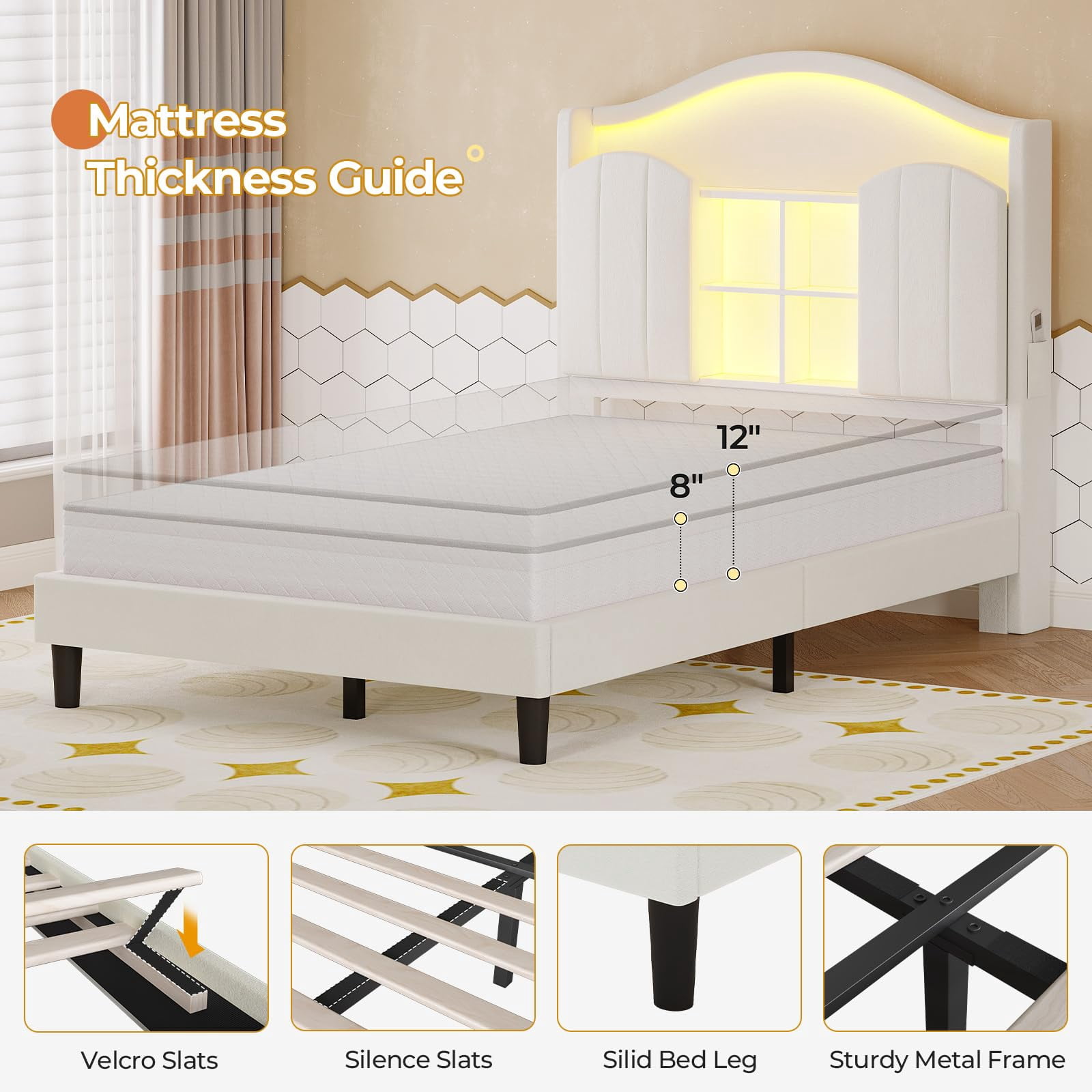 Twin Girl Bed with LED Lights & Charging Station,Platform Twin Size Princess Bed Frame, Upholstered Storage Headboard,No Box Spring Needed,Easy Assembly, Beige