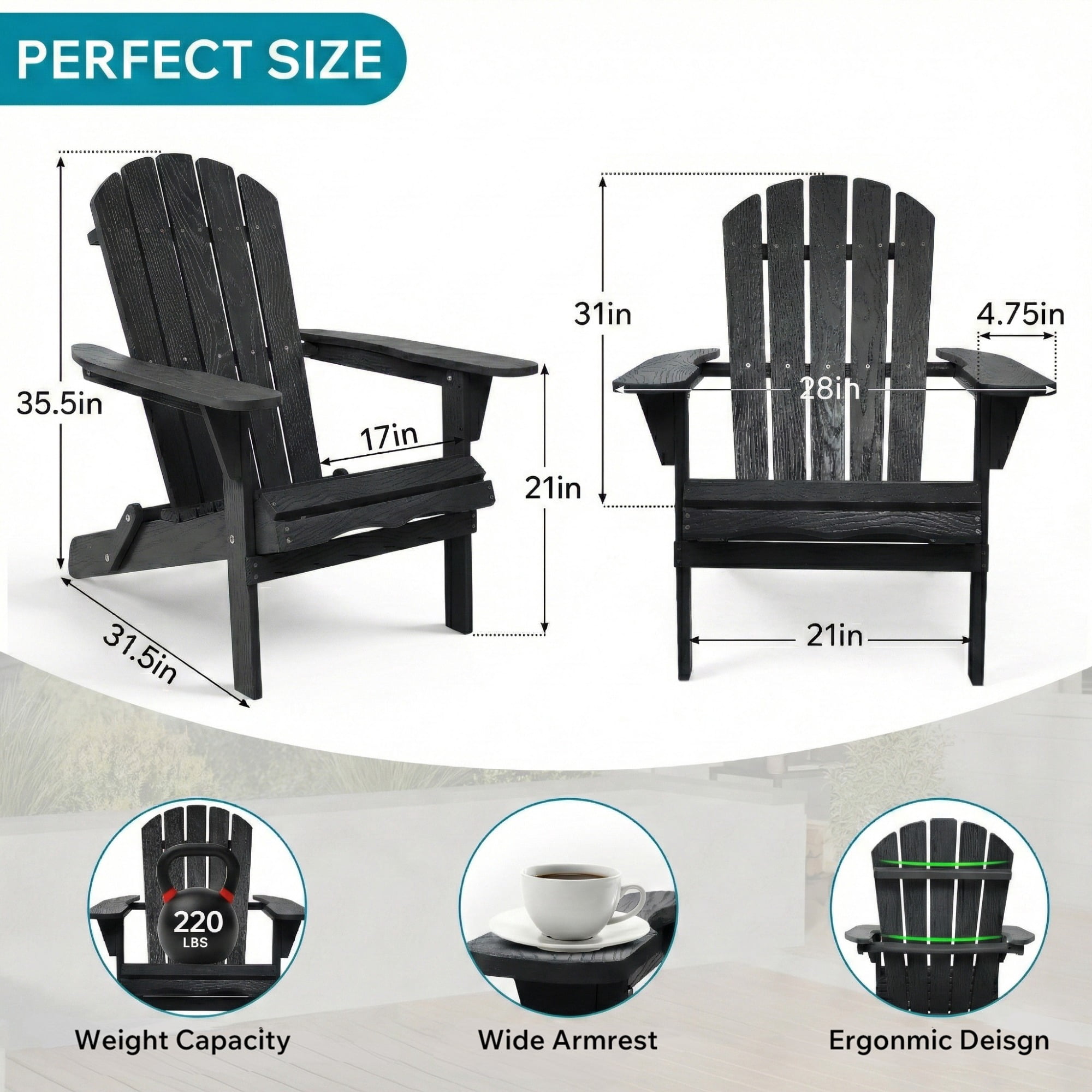 JXXRZ Wooden Folding Adirondack Chairs – Solid Cedar Outdoor Patio Garden Lounge,Black(Set of 2)