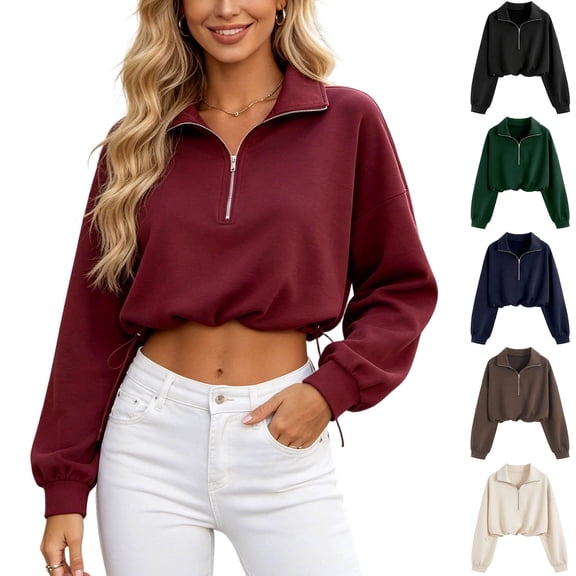 Aezemi Womens Crop Half Zip Sweatshirts Collared Elastic Hem Drawstring Quarter Zipper Long Sleeve Blouses Fall Winter Fashion Outdoor Casual Workout Jackets XXL