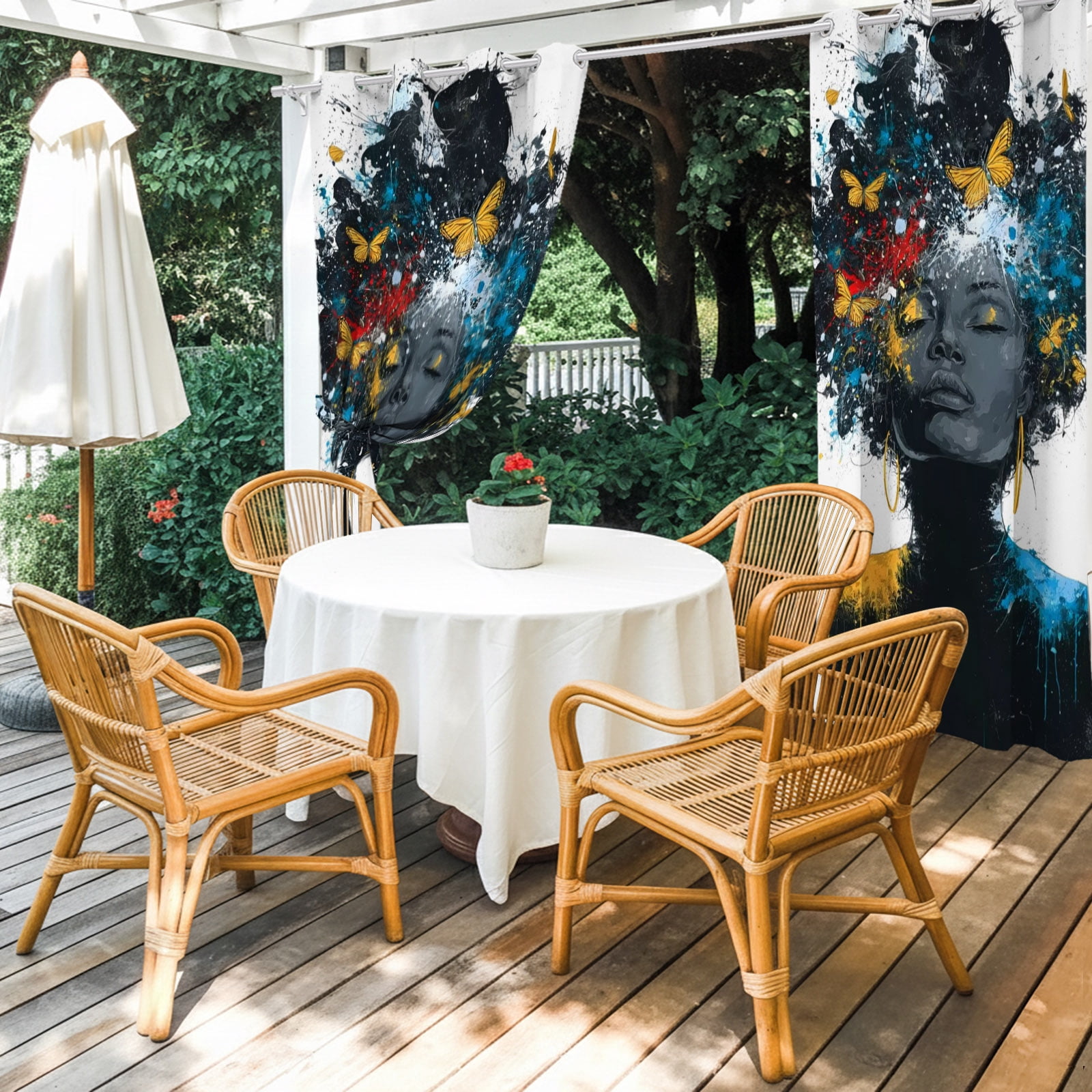 African American Outdoor Curtains for Patio, Female Portrait Butterfly Sparkles Sunshade Privacy Drapes Grommet Waterproof Outside Curtains for Porch/Cabana/Balcony 54"x 108", 1 Panel