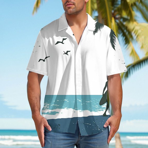 Donemore Men's Tropical Hawaiian Print Short Sleeve Button-Down Shirt Casual Vacation Resort Style Breathable Cotton Shirt with Loose Fit Trendy Men's Apparel