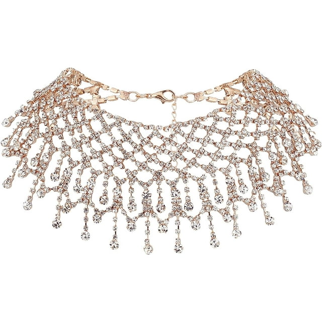 Gargantilla ancha con borla de diamantes de imitación, color oro claro, collar babero con diamantes de imitación, collar de lujo con flecos para bodas y fiestas. Accesorios de joyería.