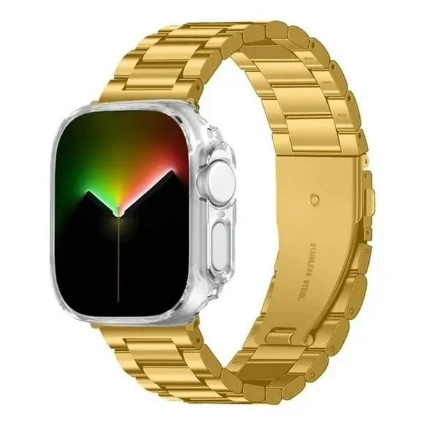 Correa Para Apple Watch, Eslabones de Acero Inoxidable con Case de Vidrio, Compatible con Todas las Series