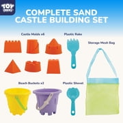 TOY Life Kids Beach Sand Castle Bucket Set, 2 Buckets with Mesh Bag, 6 Molds, 2 Shovels, Colorful Plastic Beach Toys for Summer Play