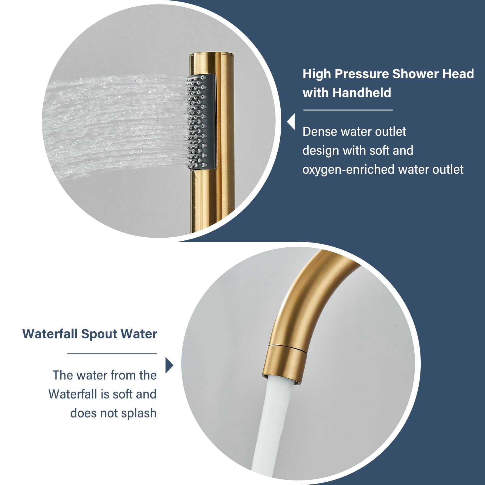Freestanding Bathtub Faucet Brushed Gold High Arc Floor Mounted Solid Brass