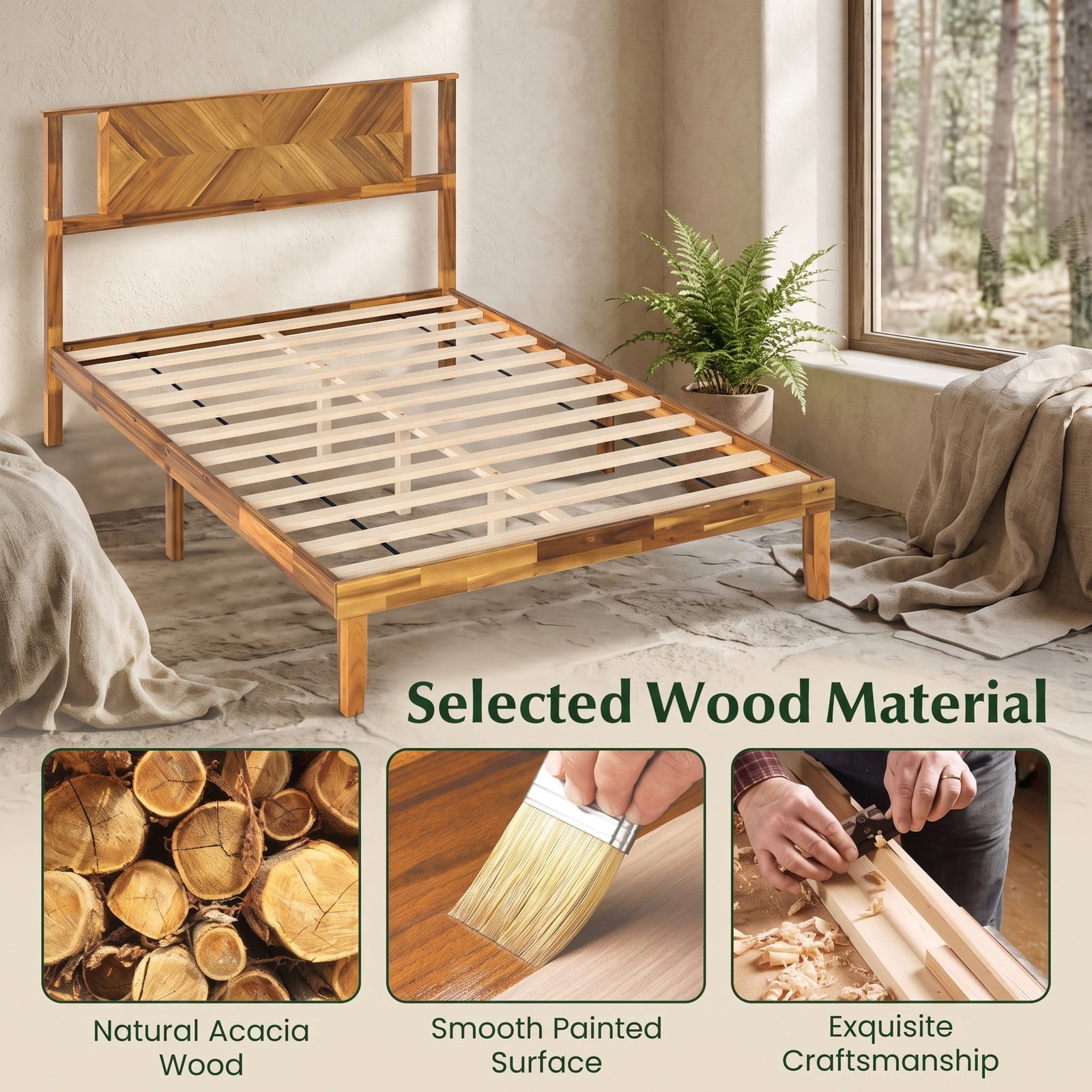 Furnibear Queen Bed Frame Acacia Wood Platform Bed Frame with Mid-Century Headboard, Queen Bed Frame with Headboard No Box Spring, Rustic Golden Brown