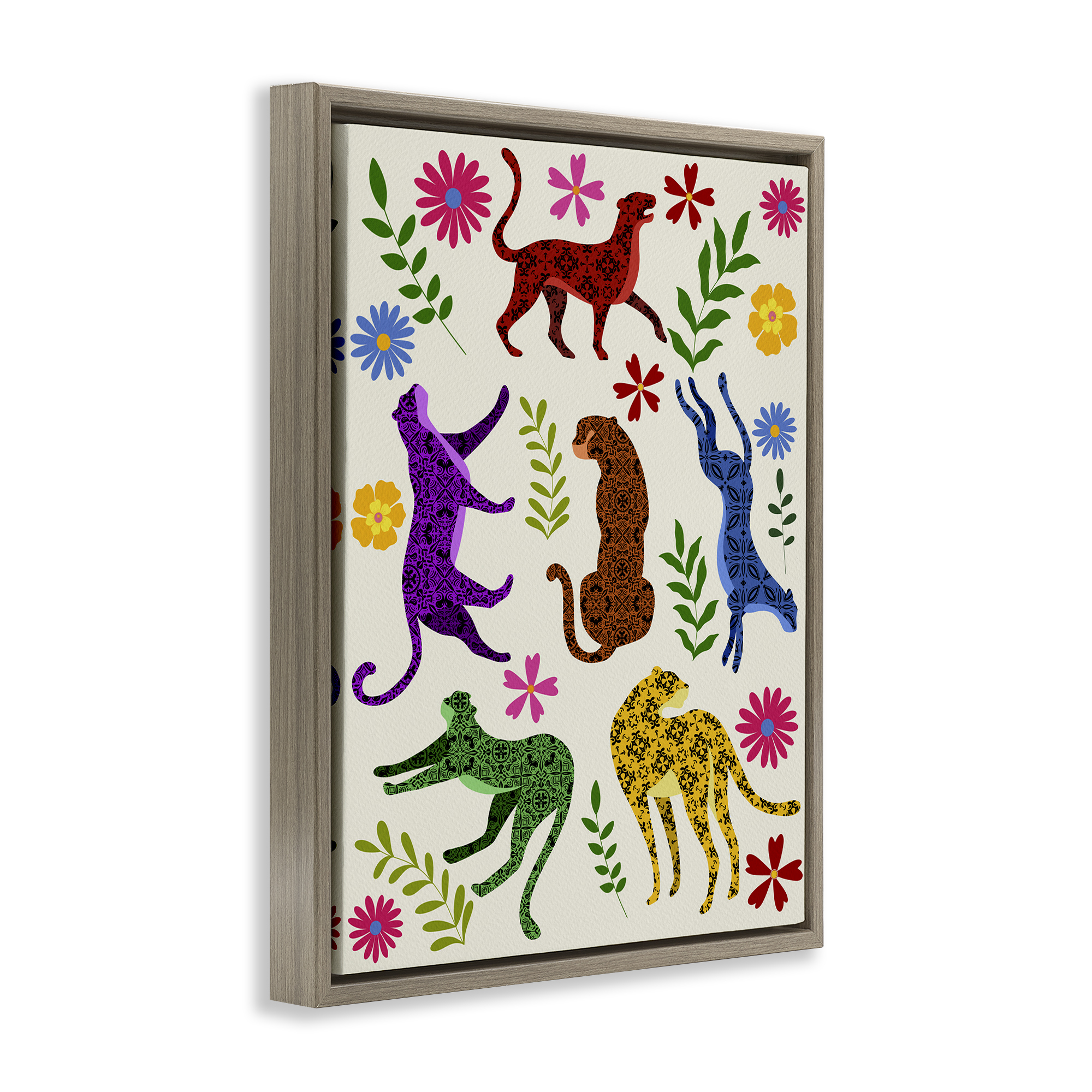 Stupell Industries Mosaic Pattern Leopards Animals & Insects Painting Brown Floater Framed Art Print Wall Art, 17 x 21