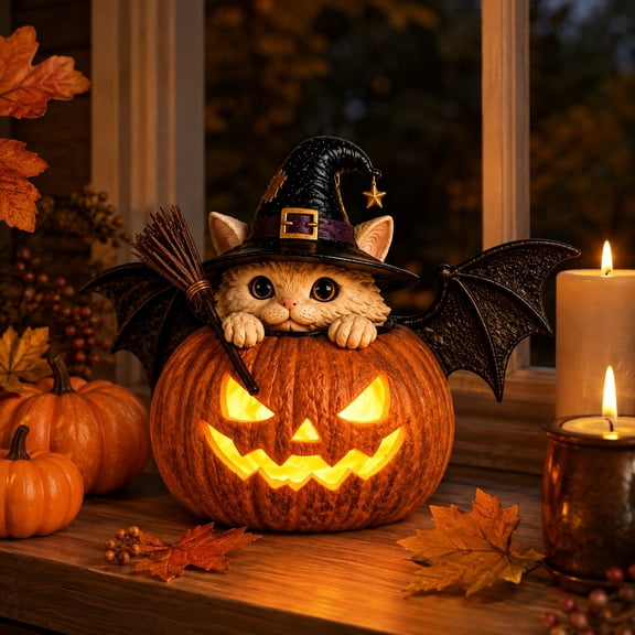 Halloween Resin Pumpkin Cat Figurine Lamp, Tabletop Decorative Light for Home Indoor Decor, Spooky Cute Night Light Ornament for Shelf Mantel Halloween Party