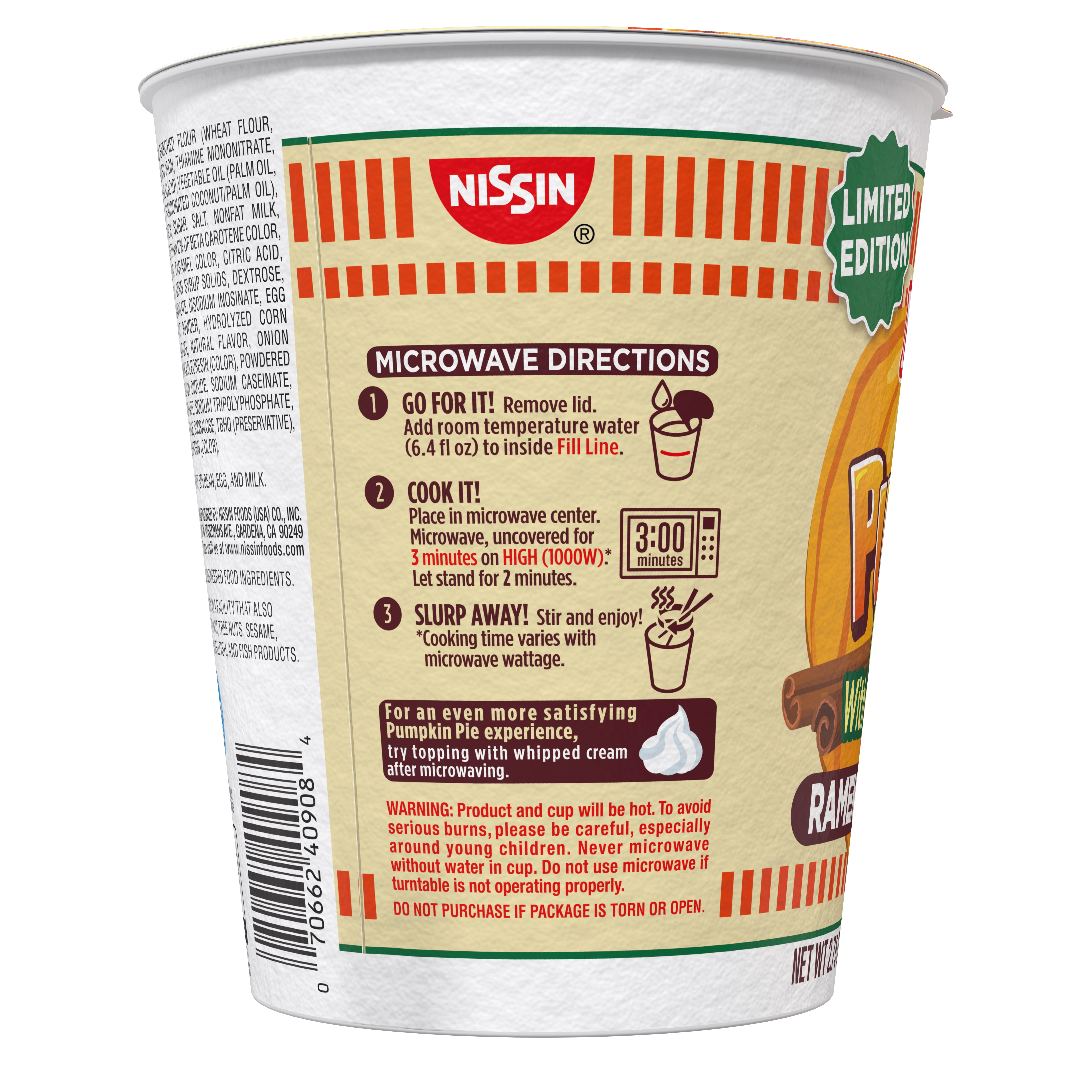 Nissin Foods Cup Noodles Limited Edition Ramen Noodles Pumpkin Pie Flavor, 2.75oz Shelf Stable Cup