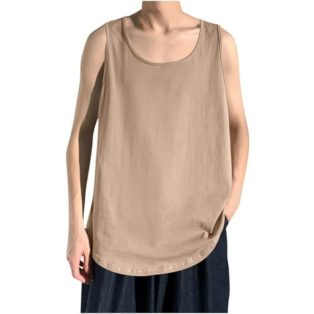 IYTR Casual Shirts for Men Crewneck Fitness Sports Tank Top Loose Comfy Solid Color Fashion Lightweight Sleeveless T Shirt Summer Clothes Leisure Blouse (Beige L)