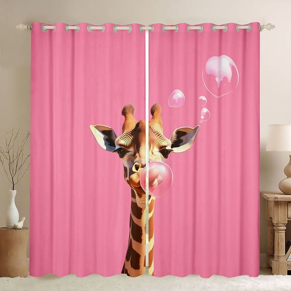 Homewish Animal Giraffe Black Out Curtains for Teens Boys Girls,Pink Brown Curtains Pack of 2 (42x63 Each),Pink Bubbles Bedroom Curtains,Ultra Soft Home Decor