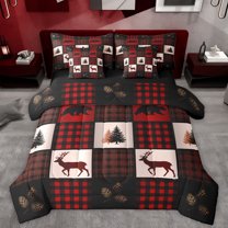 Homewish Jungle Deer Moose Bedding Comforter Set 7pcs, Rustic Tree Botanical King Bedding Sets, Brown Red Checkered Buffalo Reversible Bed Sheets, Lightweight Room Decor