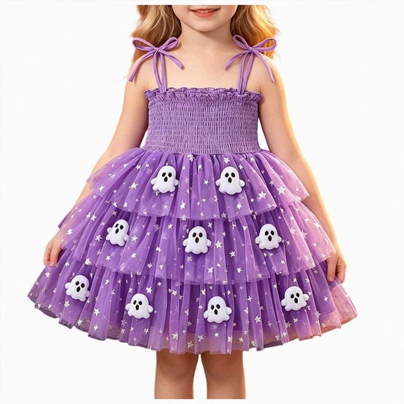 mgoYE Toddler Girls Halloween Tulle Dress Ruffle Sleeve Pumpkin Embroidery Princess Tutu Dresses Casual Kids Outfits Clothes(Purple,5-6 Years )