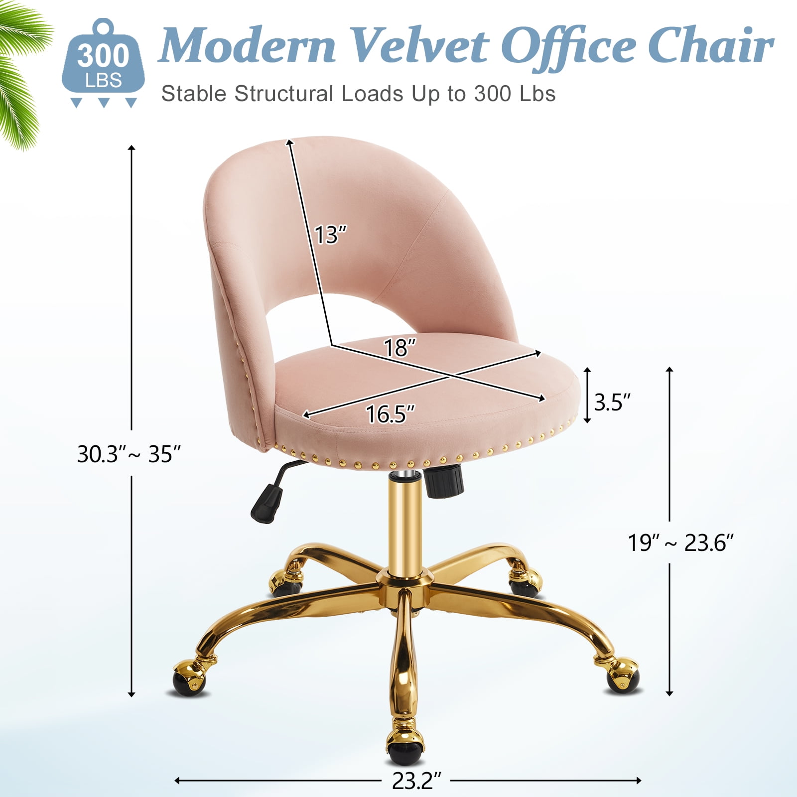 Ktaxon Office Desk Chair Adjustable Flannel Computer Task Chair Small Rolling Vanity Stool with Wheels for Study Make-up Dressing Room Pink