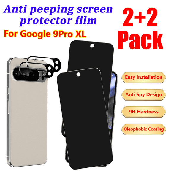 [2 2 Pack] Tempered Glass Film for Google Pixel 9 Pro XL（6.8 Inch）, 2 Pack Privacy Screen Protector Film and 2 Lens Protectors, 9H Hardness, sensitive touch，supports fingerprint unlocking