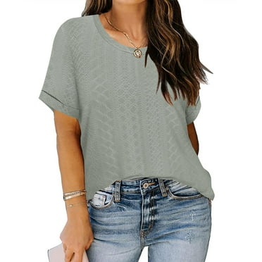 TIYOMI Ladies Plus Size Green Tops Eyelet Ebroidery Blouses Summer Short Sleeve 4X Crewneck T-shirts Casual Basic Solid Tee Spring Tunics 4XL 24W 26W