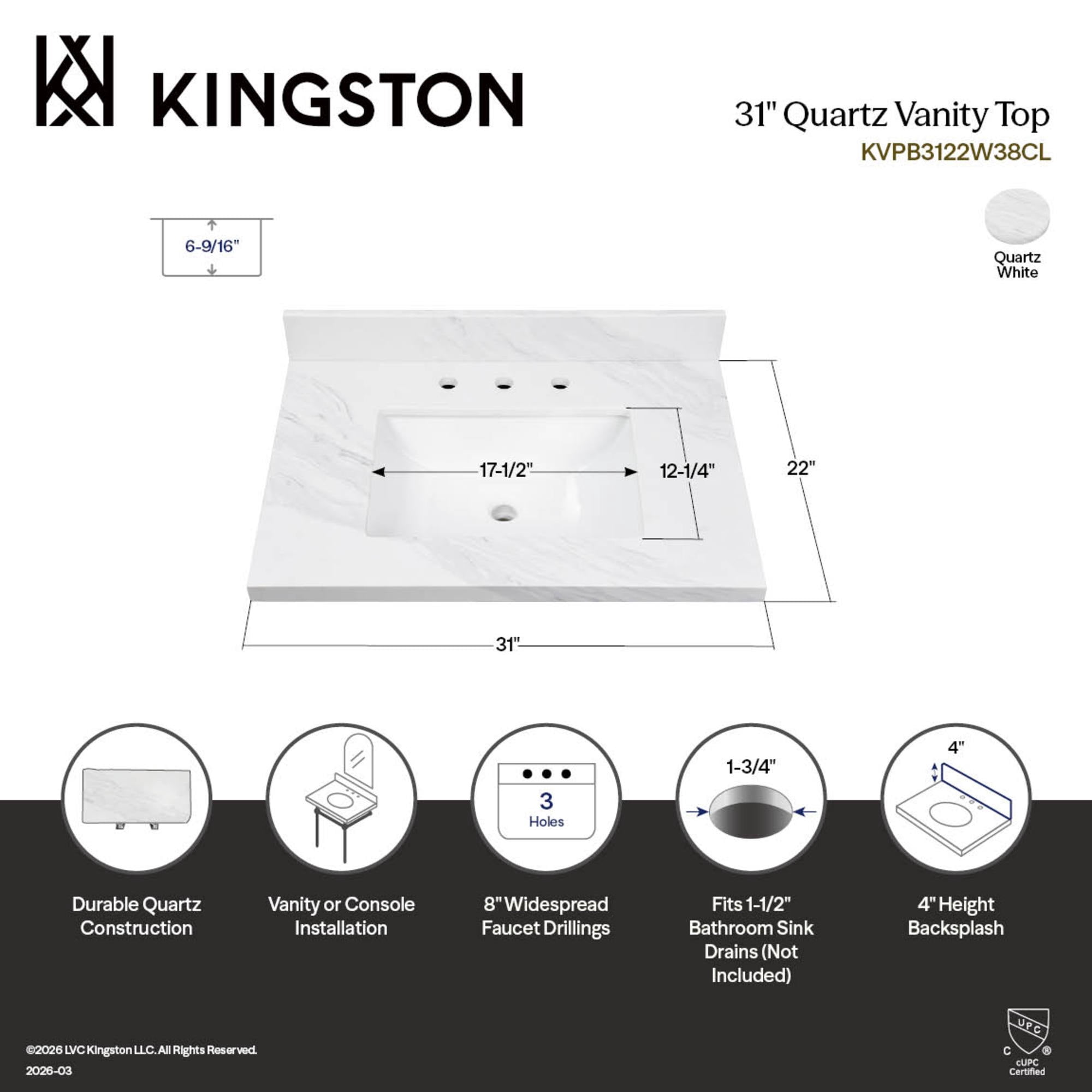 Kingston Brass KVPB3122W38CL Mayorca 31-Inch Quartz Vanity Top (8" Faucet Drillings) in Quartz White