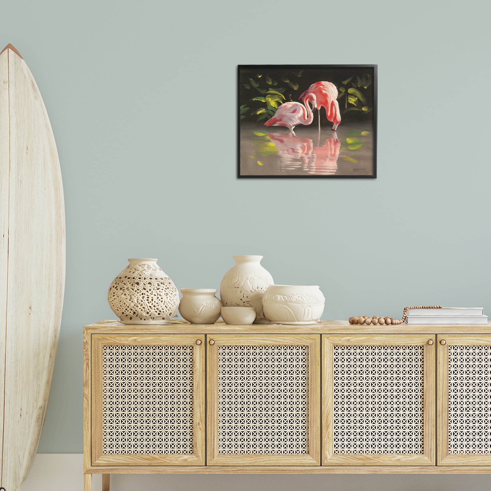 Stupell Industries Flamingos with Pond Reflection Animals & Insects Painting Black Framed Art Print Wall Art, 20 x 16