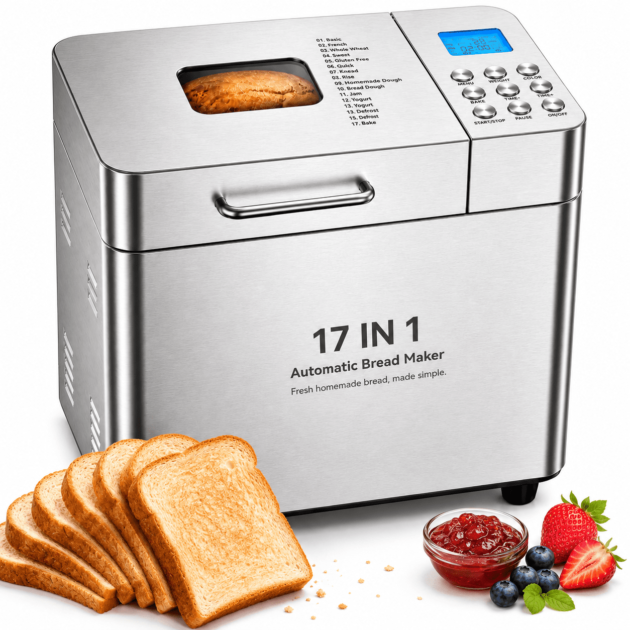 Bread Maker, 17-in-1 2LB Amumu Automatic Bread Machine, LCD Display, Beginner-Friendly Controls, Nonstick Pan, Delay Timer, Keep Warm, Stainless Steel, Silver