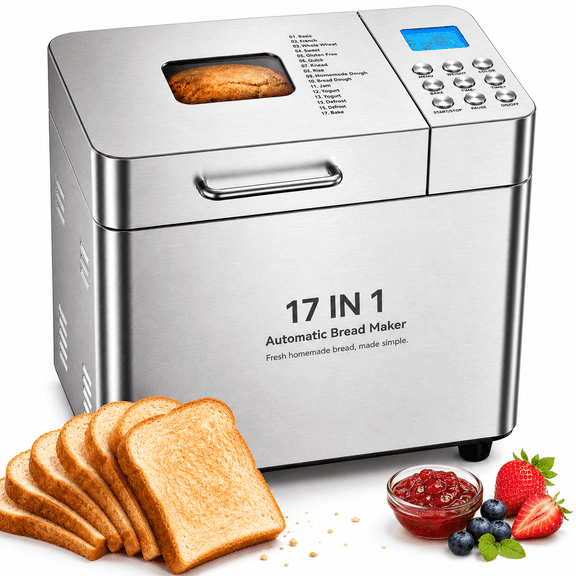 Bread Maker, 17-in-1 2LB Amumu Automatic Bread Machine, LCD Display, Beginner-Friendly Controls, Nonstick Pan, Delay Timer, Keep Warm, Stainless Steel, Silver