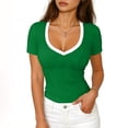 thumbnail image 2 of Ribbed Short Sleeve Tops for Women V Neck Ribbed Knit Color Block T Shirts Low Cut Fitted Casual Summer Basic Tees 2026 Green XXL, 2 of 6