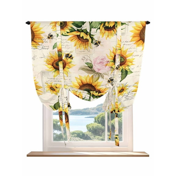 Summer Sunflowers Tie Up Curtains for Windows 45 Inch Length Balloon Curtains Kitchen Adjustable Balloon Window Shade Pastoral Rose Floral Farmhouse Vintage Tie Up Bathroom Curtain Window 52"x45"
