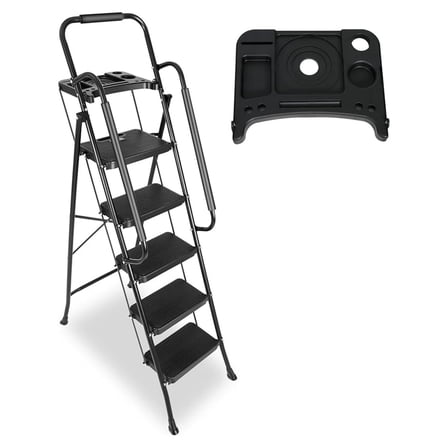 5 with Handrails & Tool Tray Platform, 330 lbs Folding Step Stool Ladder, Portable Steel Ladder for Kitchen Pantry Home Office Library, Black