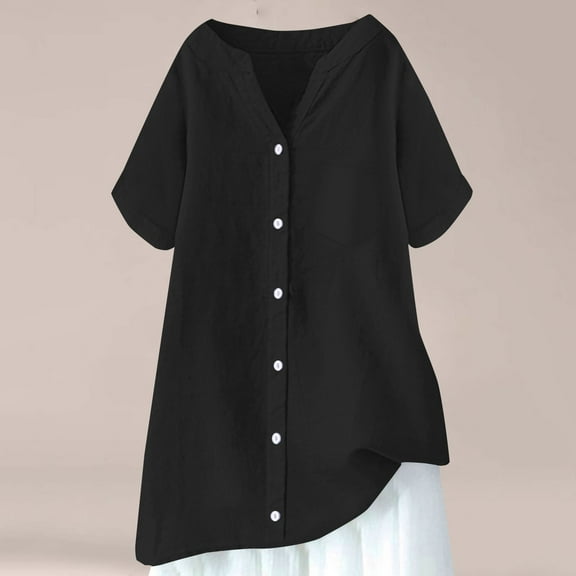nochalofo Black V-Neck Casual Shirts for Women, Cotton Linen Shirts Solid 3/4 Sleeve Tunic Tops Oversized Tshirts Casual Blouses