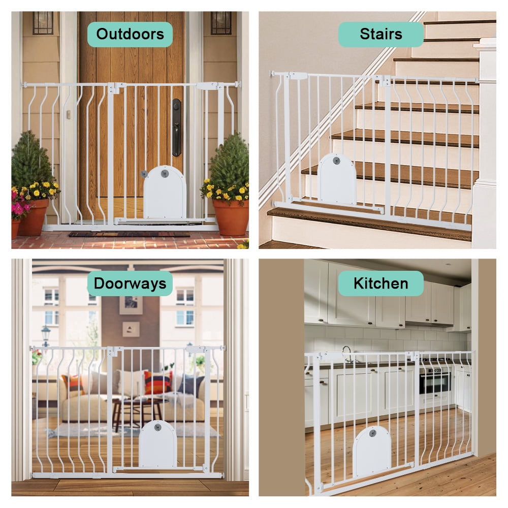 29.5-48.4" Wide Pet Gate with Cat Door, Pressure Mount, Safety Gate Gift,White
