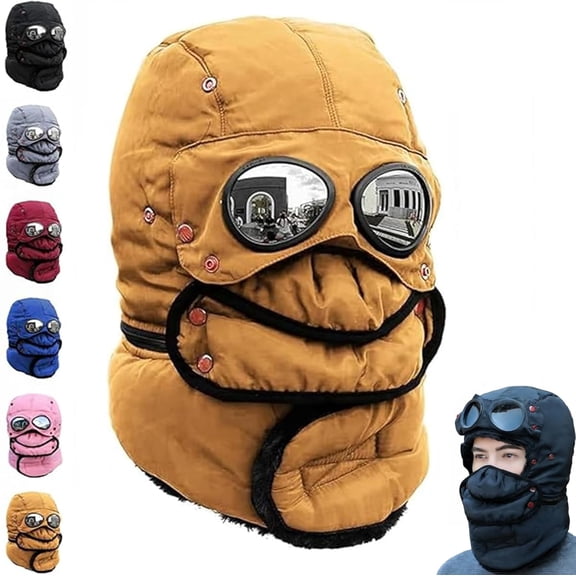 Winter Thermal Hat with Glasses, Winter Pilot Hat Trapper Hats with Detachable Goggles and Mask for Ski