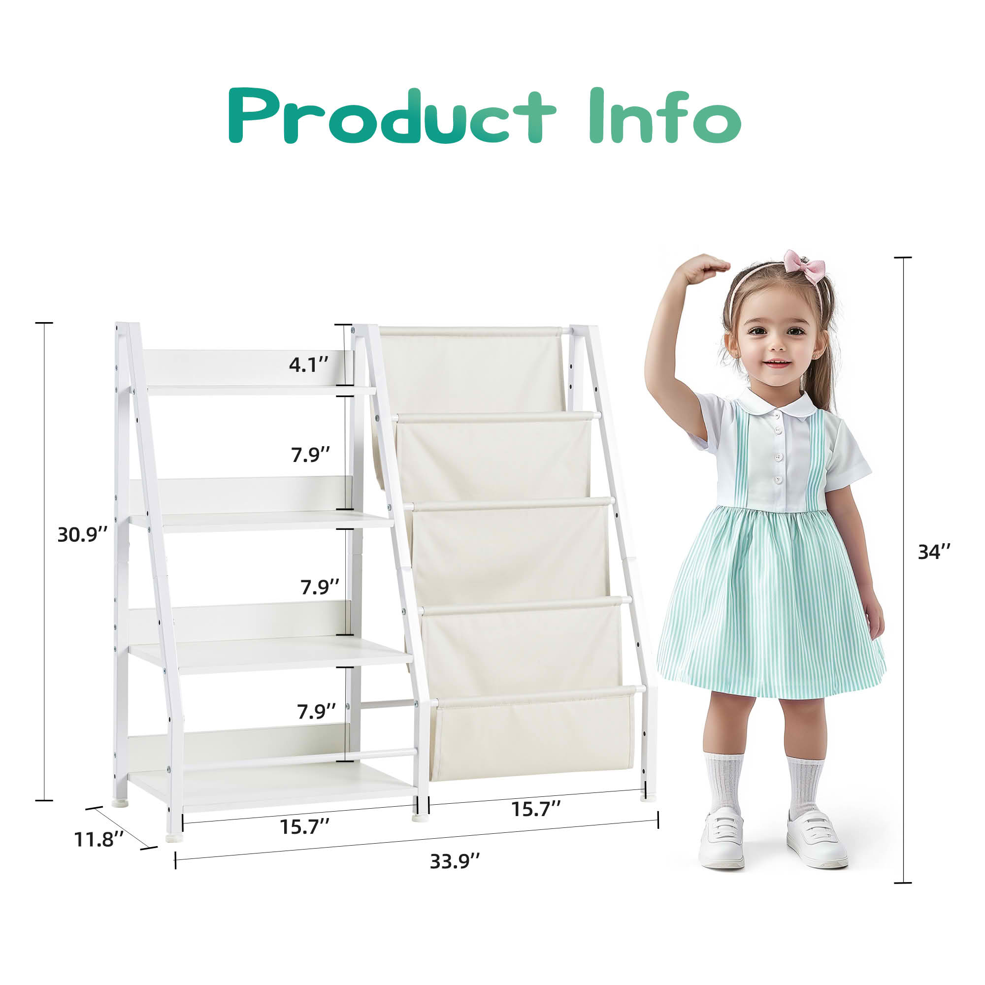 MAYEERTY White Metal 4-Tier Kids Bookshelf, 4 Sling Pockets for Playroom Bedroom