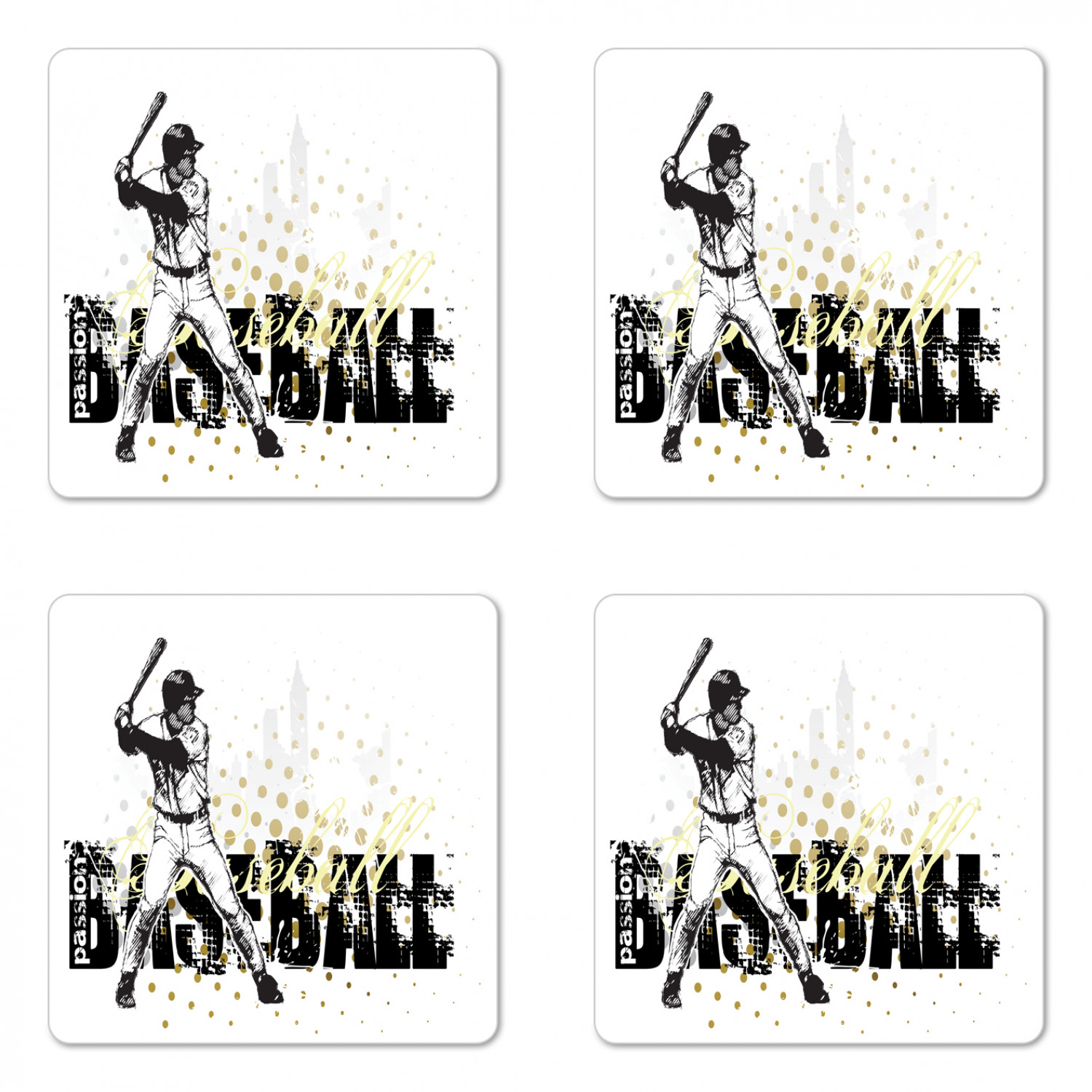 Baseball Coaster Set of 4, Softball Background Dots and Grunge Dark Lettering Batting Team Game