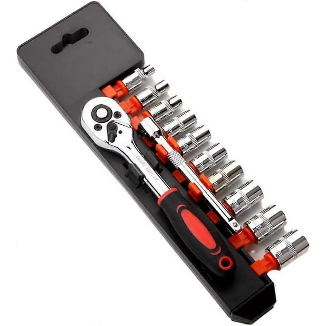 12 Piece 1/4" Ratchet Wrench Set, Mechanic Tool Kit and Sockets with Quick Release Reversible Ratchet Handle and Extension Bar