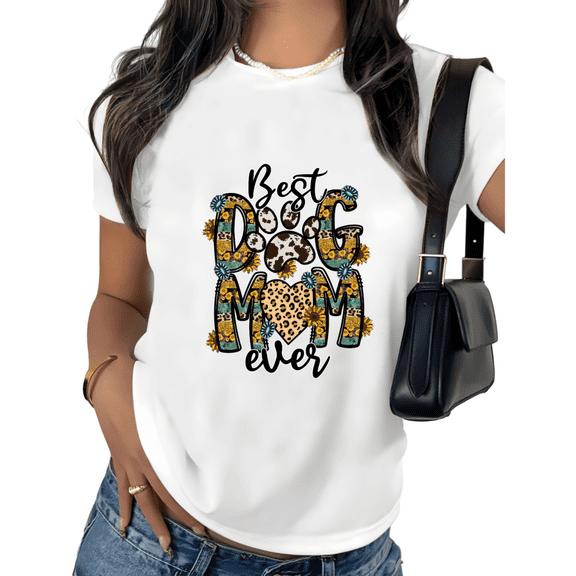 White Best Dog Mom Ever Sunflower Leopard Paw Print Tshirt Graphic Tees Shirts Mother's Day Dog Lover Casual S-5XL Tops