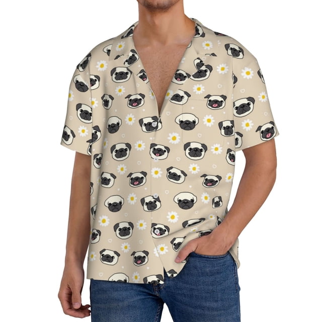 Balery Pug Dog Face Camisa Casual de Manga Corta con Botones para Hombre, Texturizada, Estilo Cubano, para Playa, Verano-Small