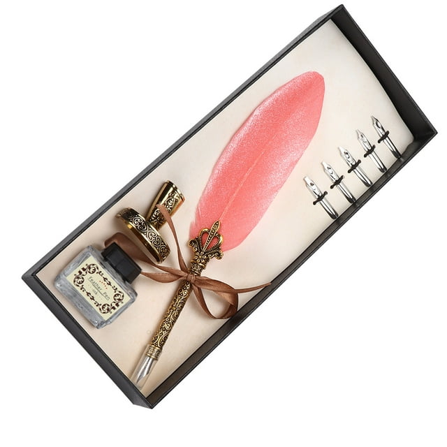 Plume Plume Trempée, Ensemble de Plume Rétro Antique en Acier Inoxydable pour l'Écriture pour la Pratique de la Calligraphie Blanc, Brun, Grand Rouge, Rose
