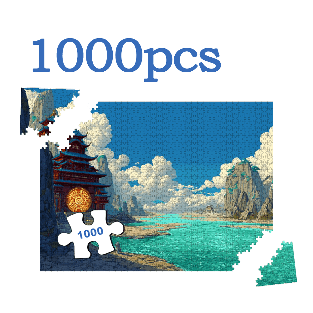A Box of (1000pcs) Puzzles, with Seaside Immortal Gate Design, High Difficulty, Suitable, Family Entertainment, Home Decoration. 29.4*19.6 in