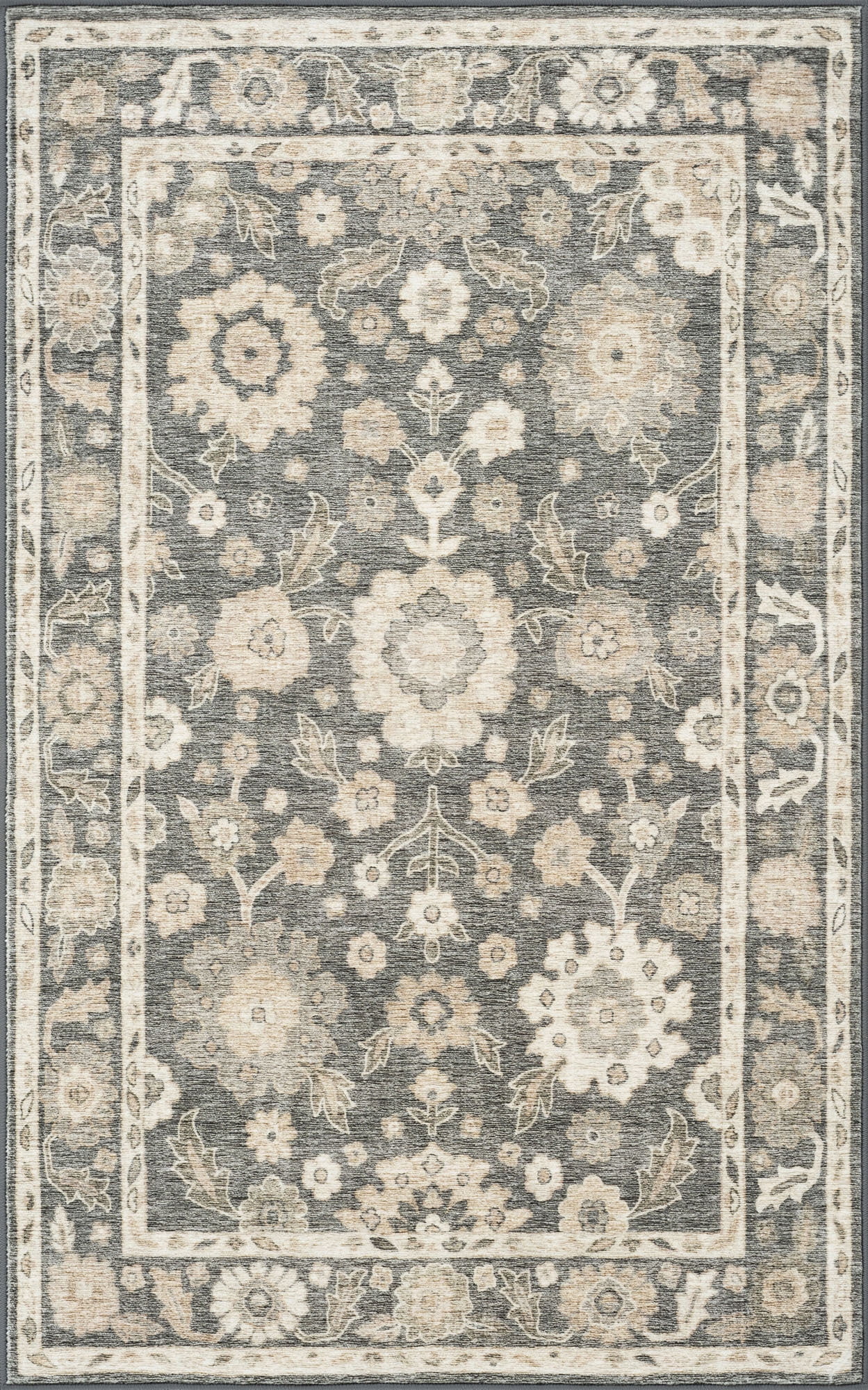 Smart Wash Aura Traditional Oriental Charcoal and Beige Polyester Indoor Machine Washable Area Rug, 5'x7' Rectangle