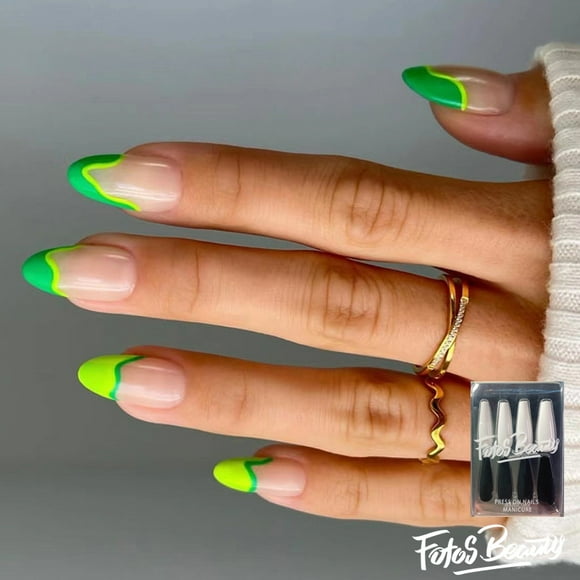 Fofosbeauty 24 pcs Almond Fake Nails Tips, Medium Press on French Nails, Sharp Green Yellow French