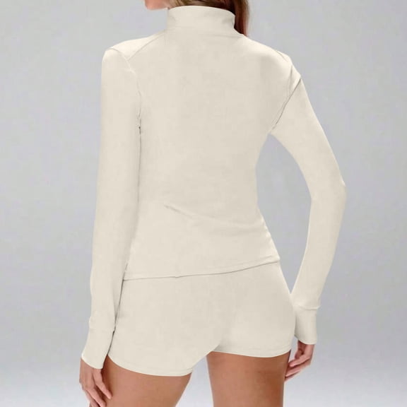 Fgvctg Womens Workout Jacket Lightweight Full Zip Cropped Tops Sportswear Slim Fit Gym Jackets Yoga Upf 50  Sun Protection Outdoor Long Sleeve Shirt Athletic Jacket With Thumb Holes Beige XS