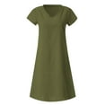 thumbnail image 4 of CHOK Mode Femmes Ample Col en V Été Uni Manches Courtes Robe en Coton et Lin Printemps Été Robes pour Femmes Bleu TG, 4 of 5