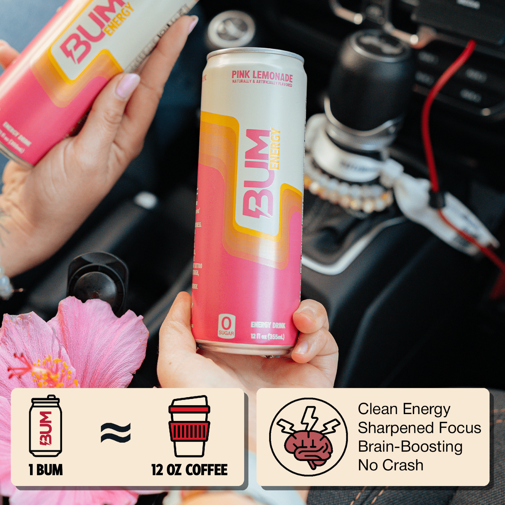 (3 pack) Bum Energy Pink Lemonade Energy Drink, 112 mg Natural Caffeine, 12 fl oz Can