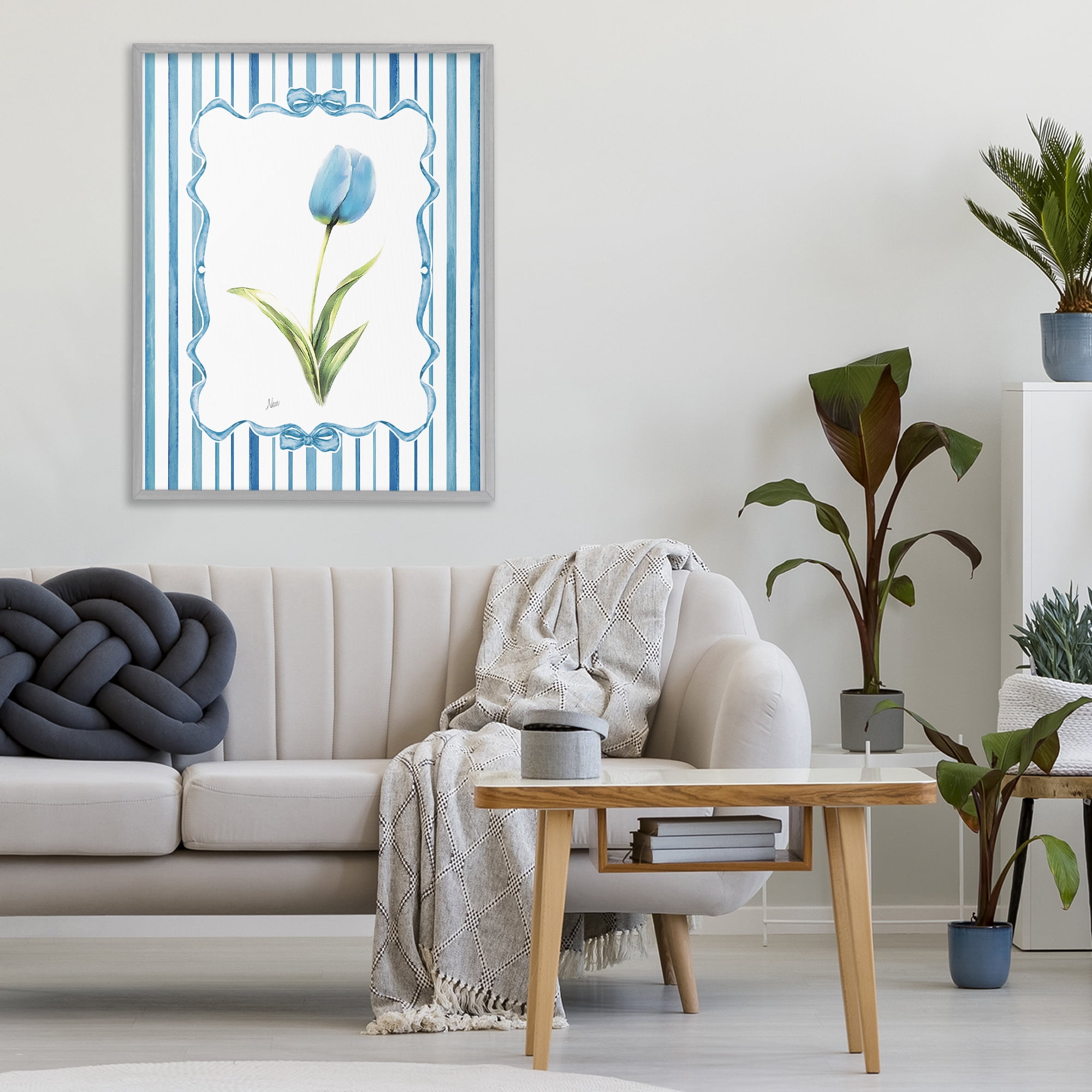 Stupell Industries Blue Tulip & Ribbon Border Gray Framed Giclee Art, design by Nan