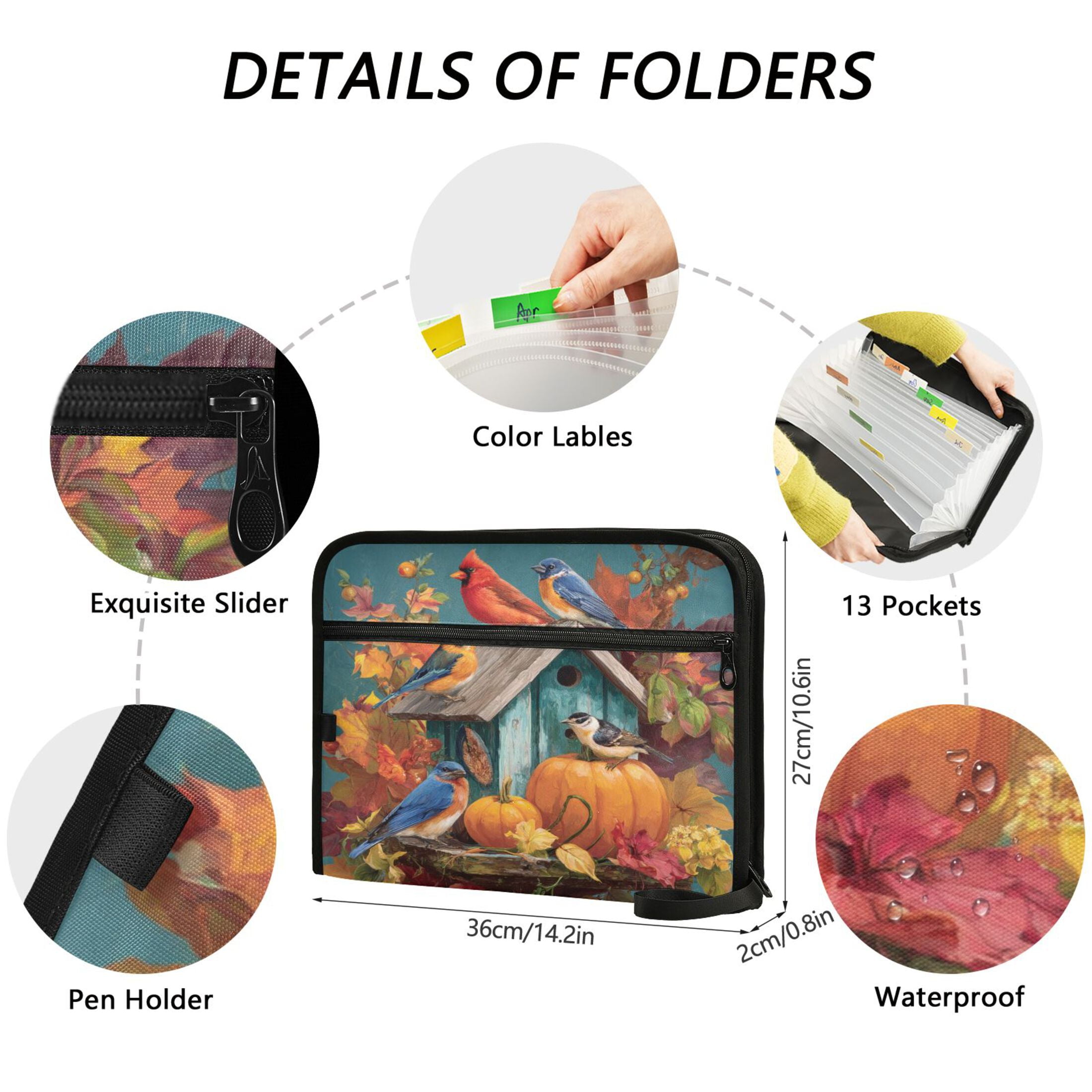 Accordion File Organizer with Zip Closure 13 Pockets Expanding File Folder Letter A4 Paper Document Organizer for Home Office Birdhouse and Colorful Birds