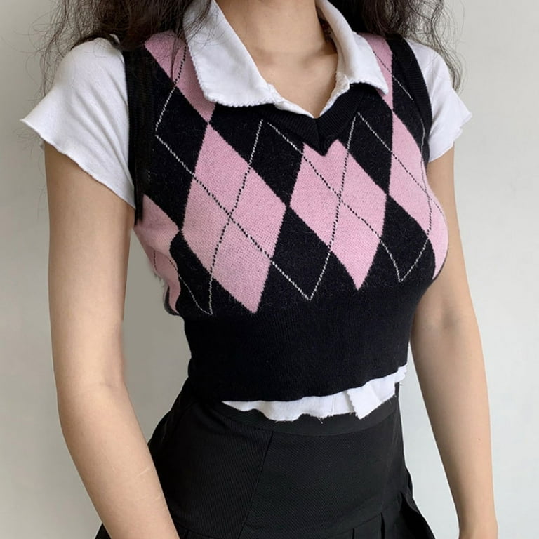 Fusipu Sweater Vest Rhombus Plaid Pattern V Neck College Style Sleeveless Contrast Color Knitted Pullover Top for Daily Wear