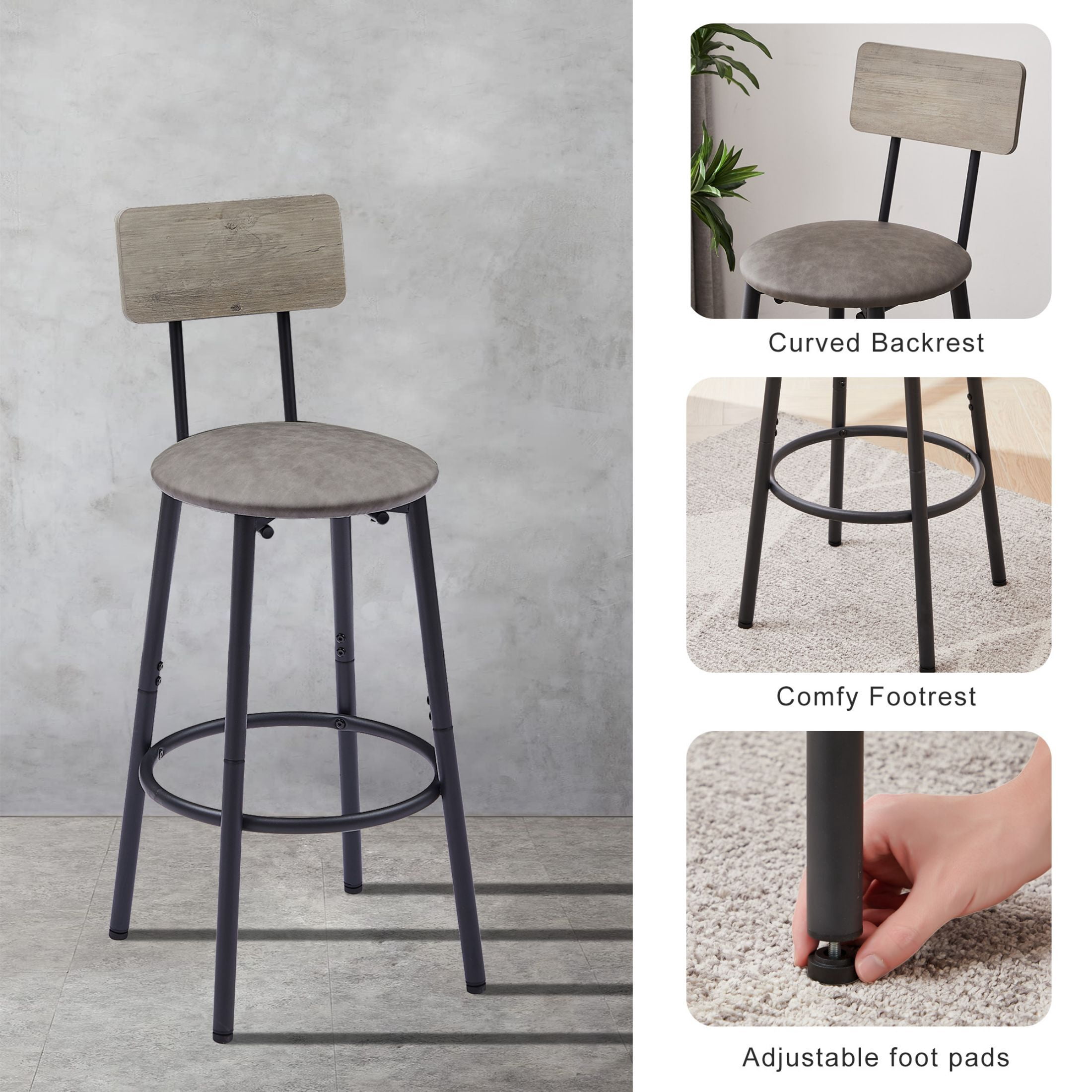 DEALTOPS Round bar stool set with shelf, upholstered stool with backrest-Grey, 23.62'' W x 23.62'' D x 35.43'' H