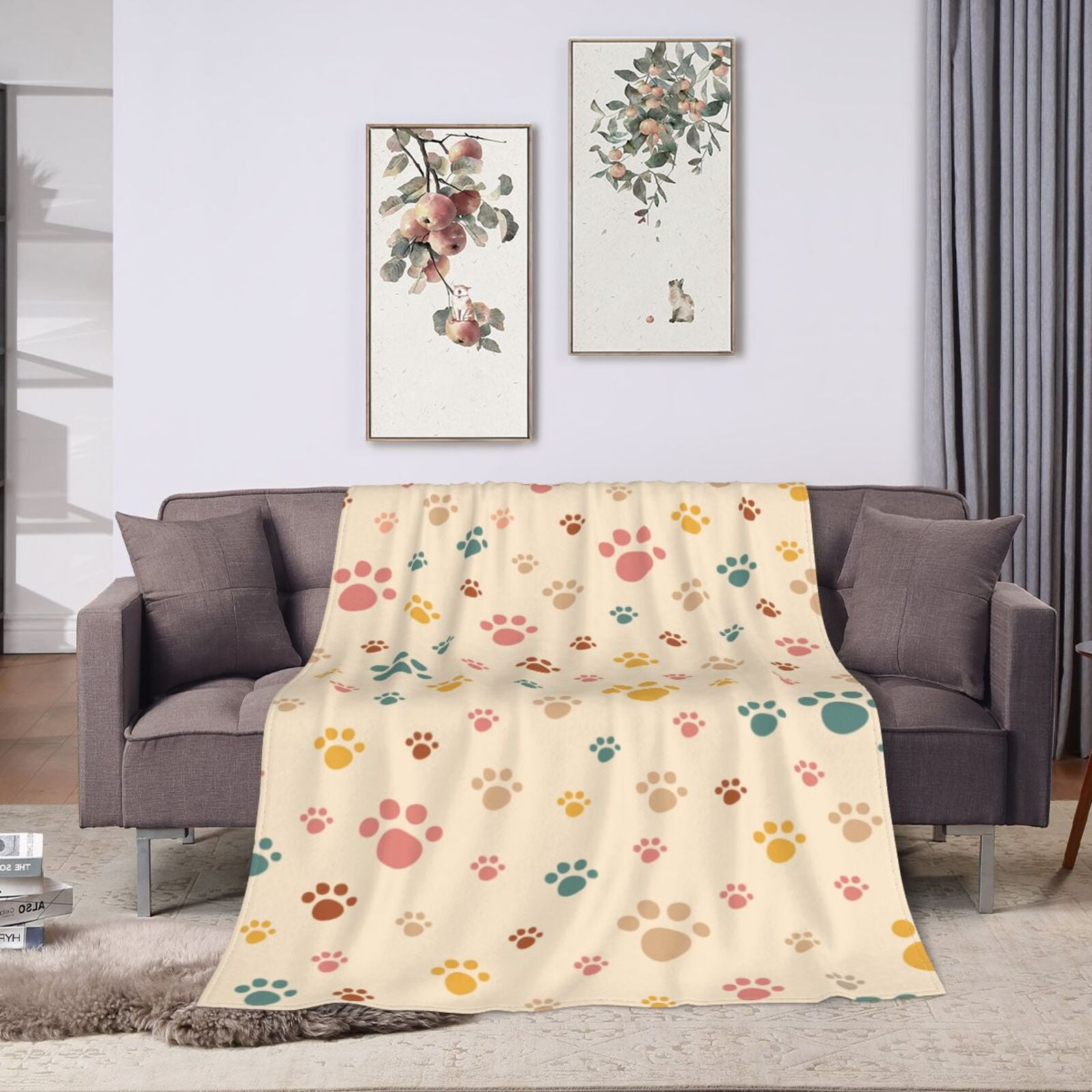 ZNDUO Cartoon Yellow Cute Paws Pattern Throw Blanket, Lightweight Cozy