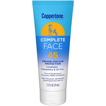 Coppertone Complete Face Sunscreen Lotion SPF 45, 2.5 fl oz Tube